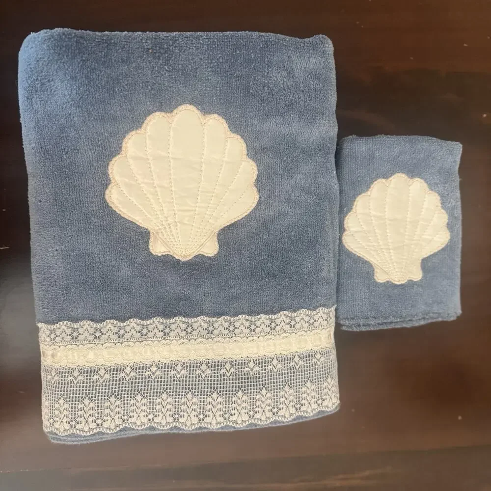 VTG Saturday Knight Bath Towel & Wash Rag Blue Sea Shell Embellished Cotton US